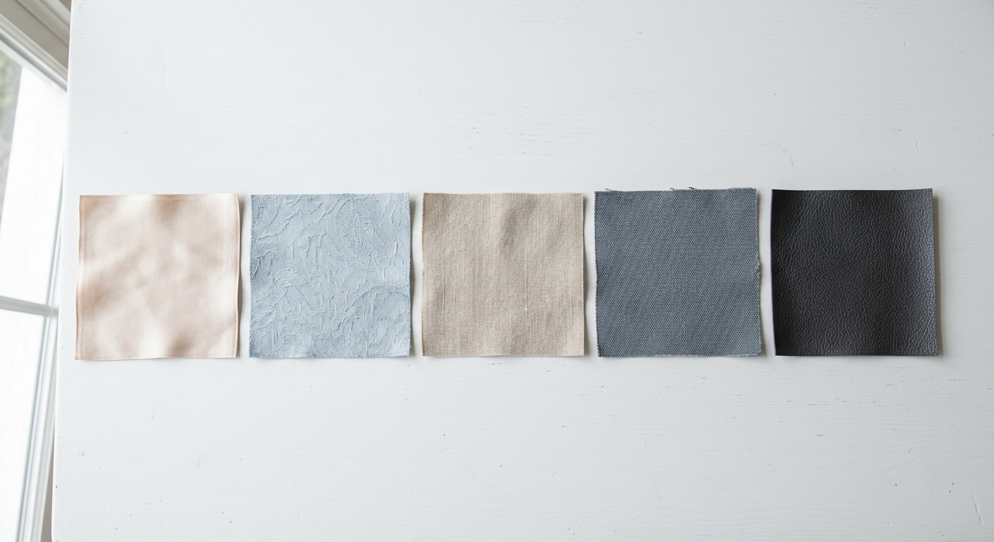Five upholstery fabric swatches ranging from delicate silk to heavy-duty vinyl arranged by durability tier