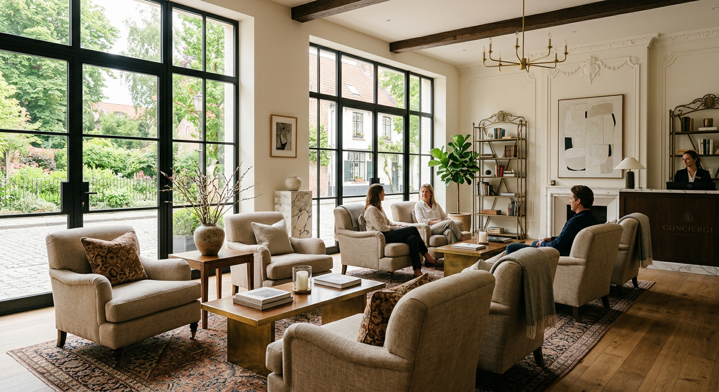 Boutique hotel lobby with professionally upholstered armchairs in durable neutral fabric