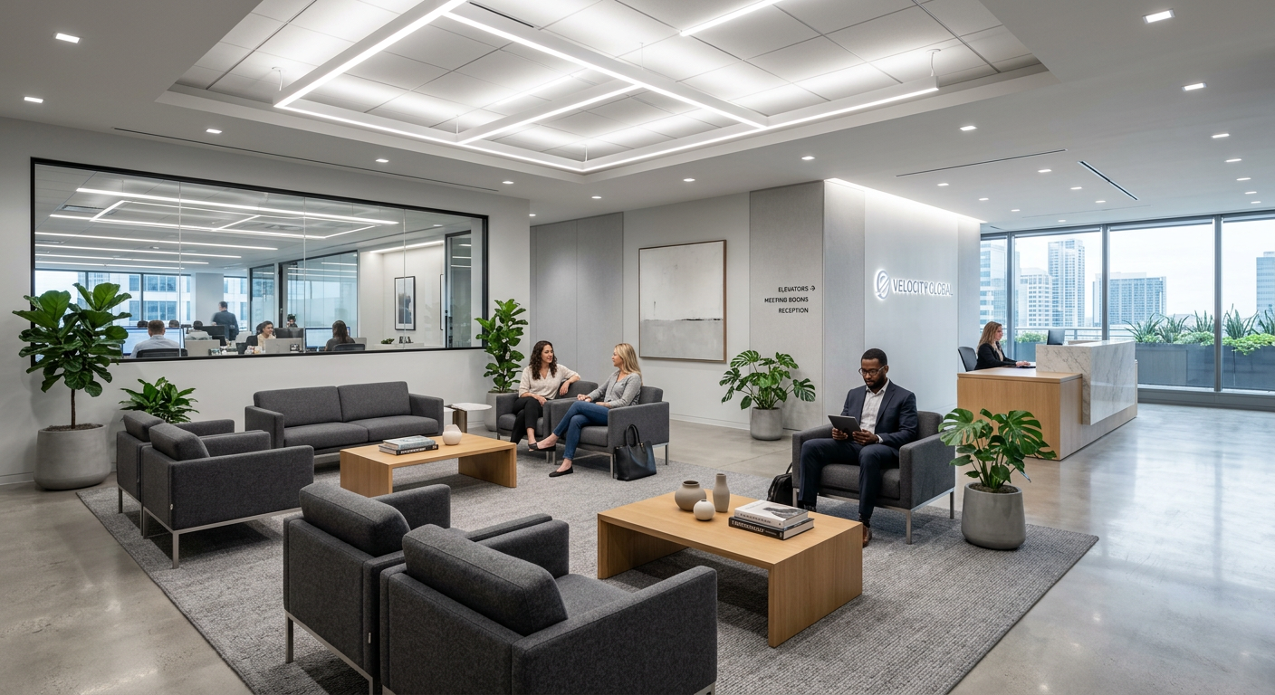 Modern corporate office waiting area with upholstered seating in professional charcoal fabric