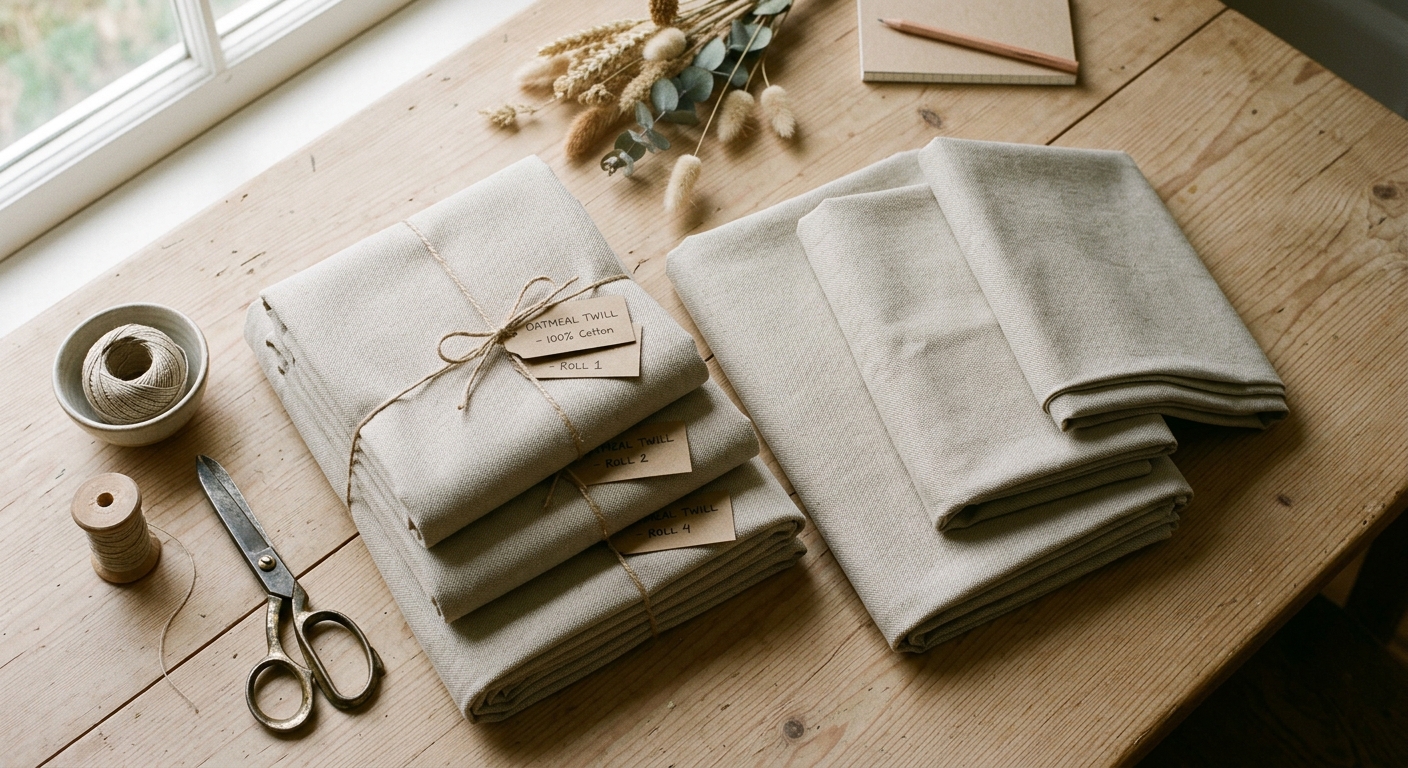 Folded oatmeal cotton twill anchor fabric bolts on a wooden surface