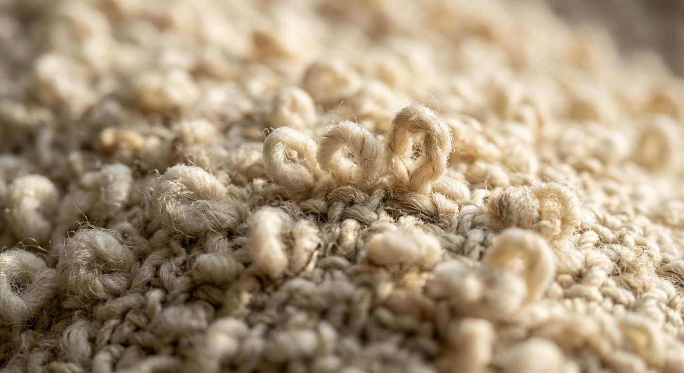 Close-up of textured bouclé fabric in cream and sand tones