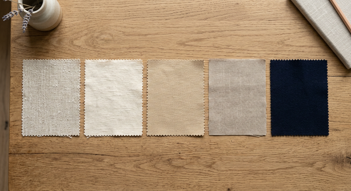 Five coordinated fabric swatches in a neutral palette with one accent color