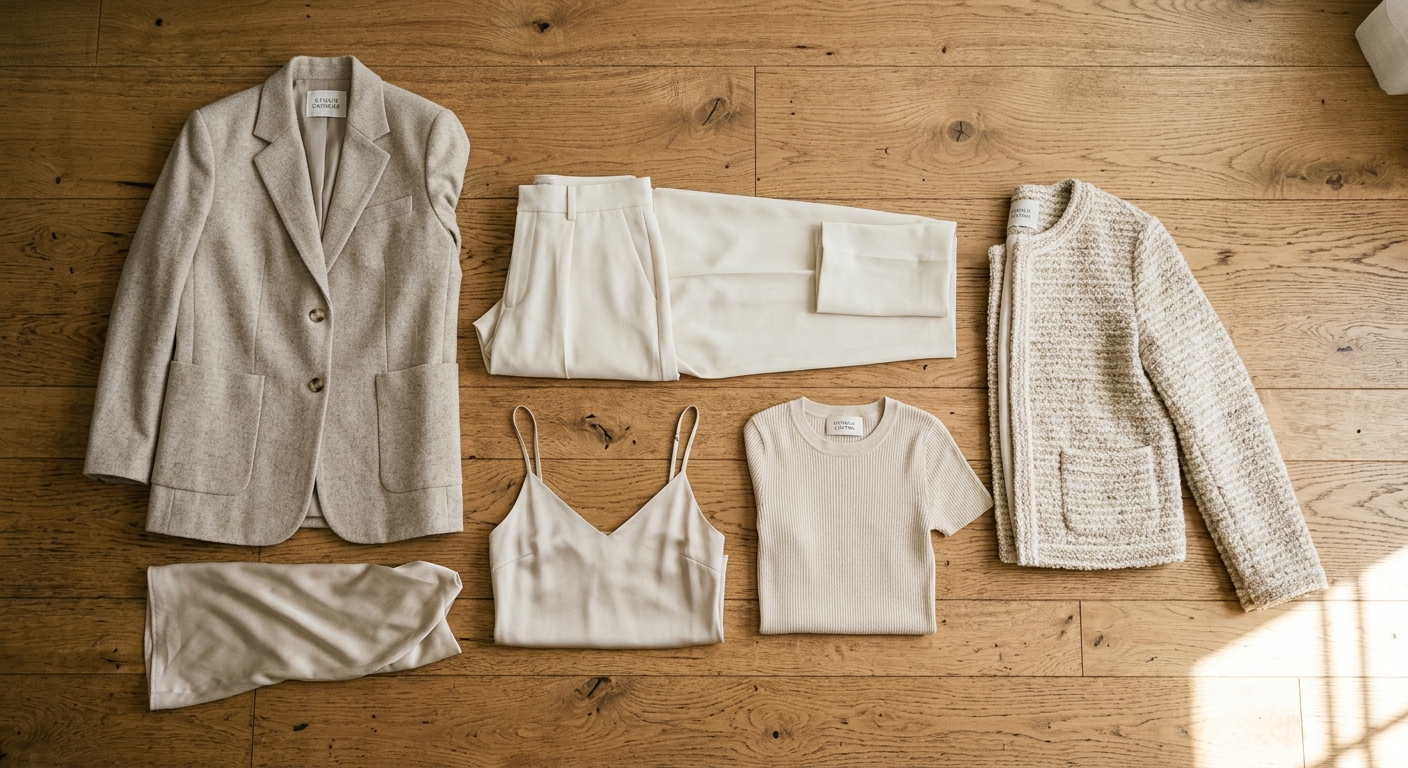 A complete capsule wardrobe collection laid flat on a wooden floor