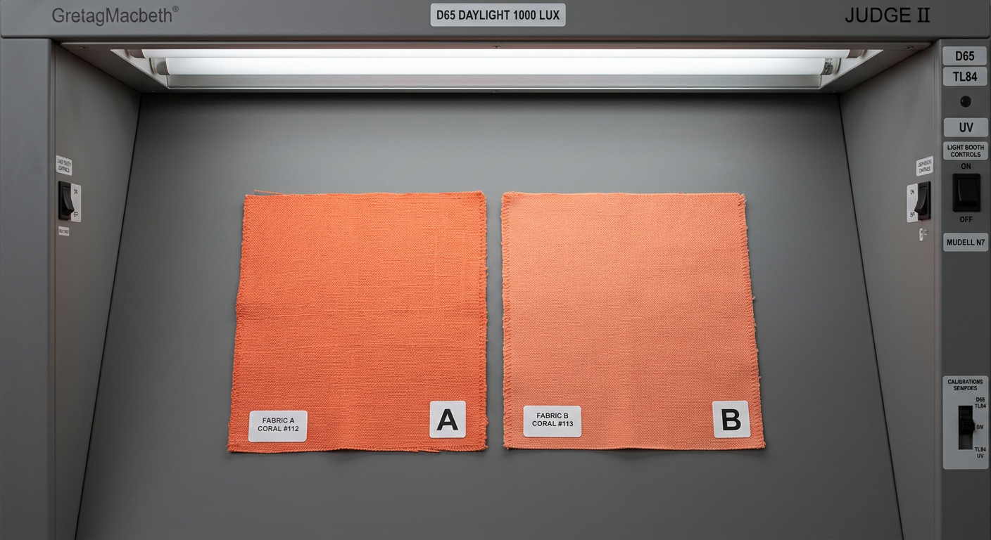Two coral fabric swatches compared side by side under professional color assessment lighting