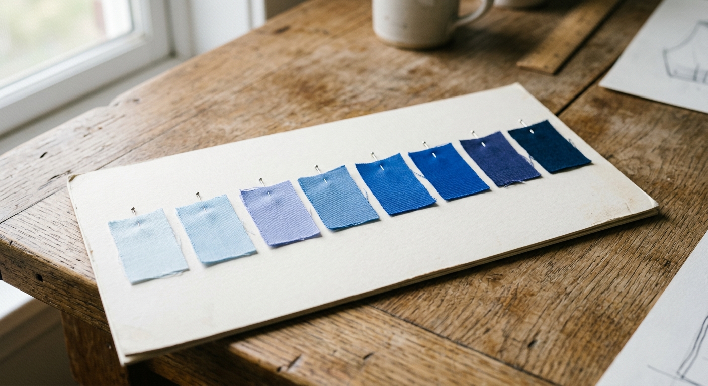 Gradient of blue fabric lab dip swatches pinned to a physical color reference card