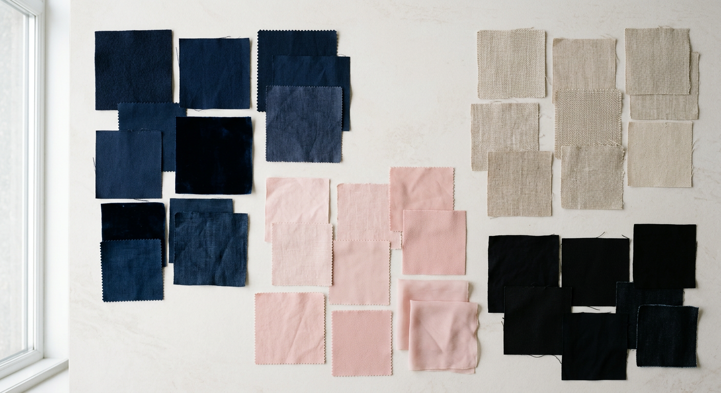 Flat lay of challenging fabric colors including navy, blush, beige linen and black cotton