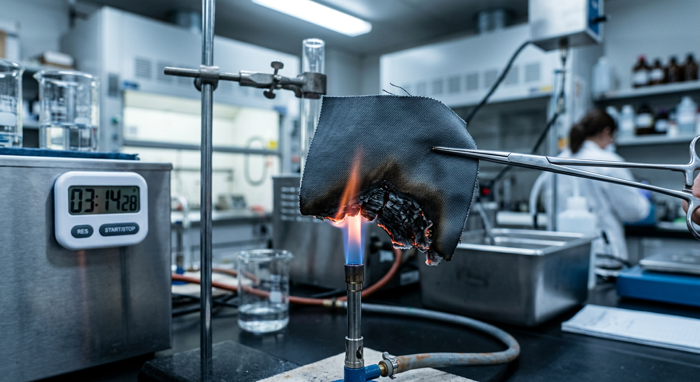 Vertical flame test on a fabric specimen in a textile laboratory