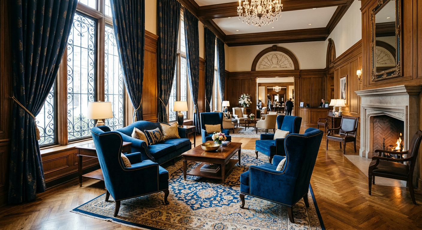 Hotel lobby seating upholstered in contract-grade flame-retardant fabric