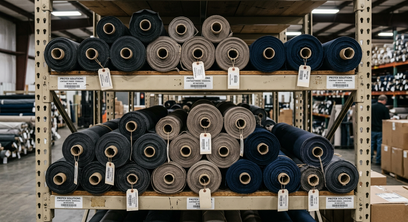 Rolled bolts of contract-grade flame-retardant fabric on warehouse shelving