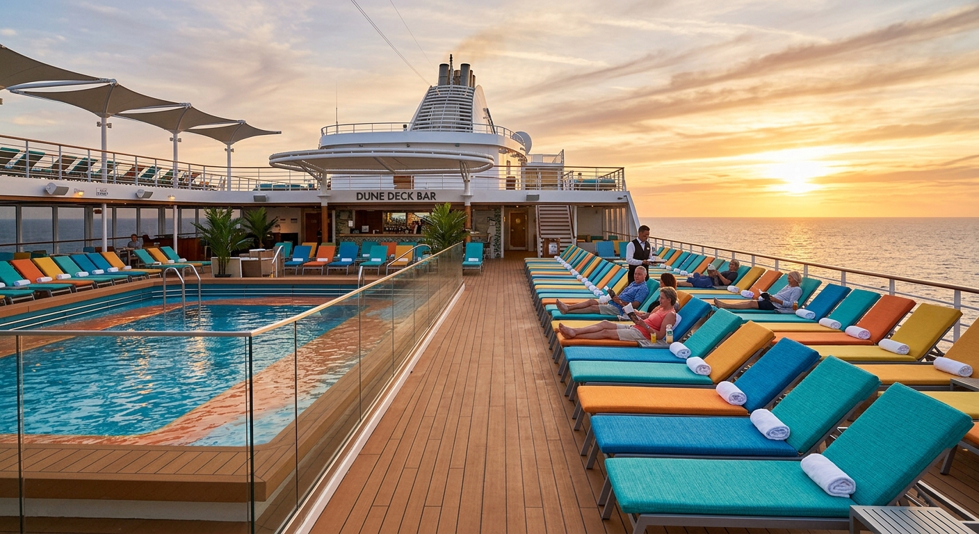Cruise ship deck loungers in UV-resistant solution-dyed fabric