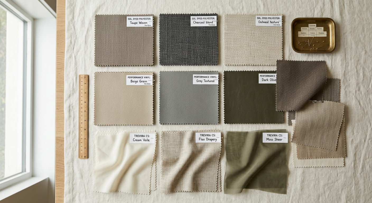 Hospitality contract fabric swatches in various fibers and finishes