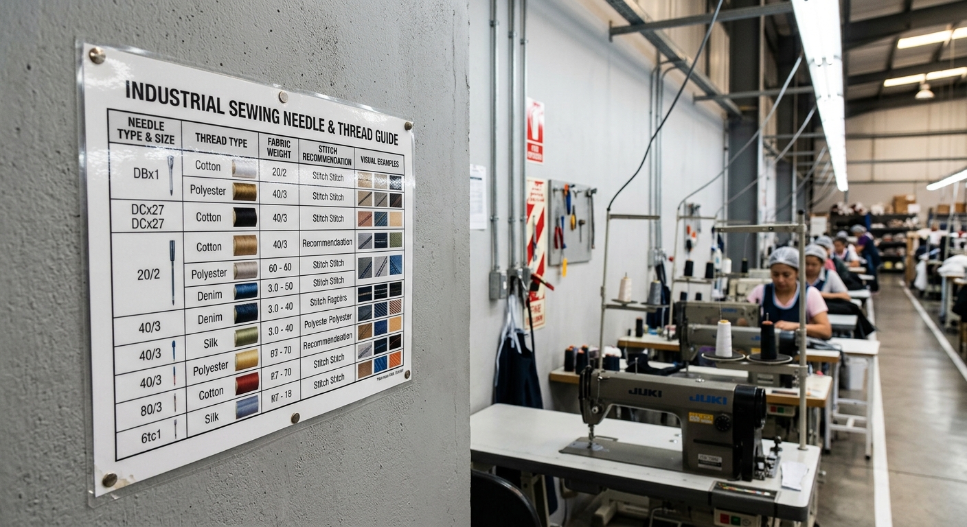 Laminated needle and thread chart mounted above an industrial sewing line