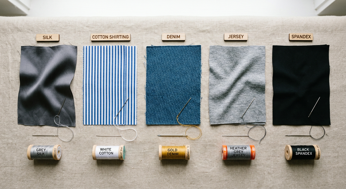 Fabric swatches paired with matching needles and thread spools in an organized layout