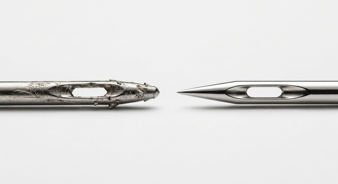 Macro photograph comparing a worn industrial needle with a new one