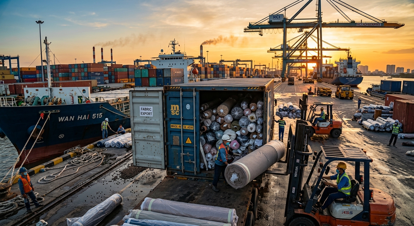 Shipping container being loaded with fabric rolls at an Asian port