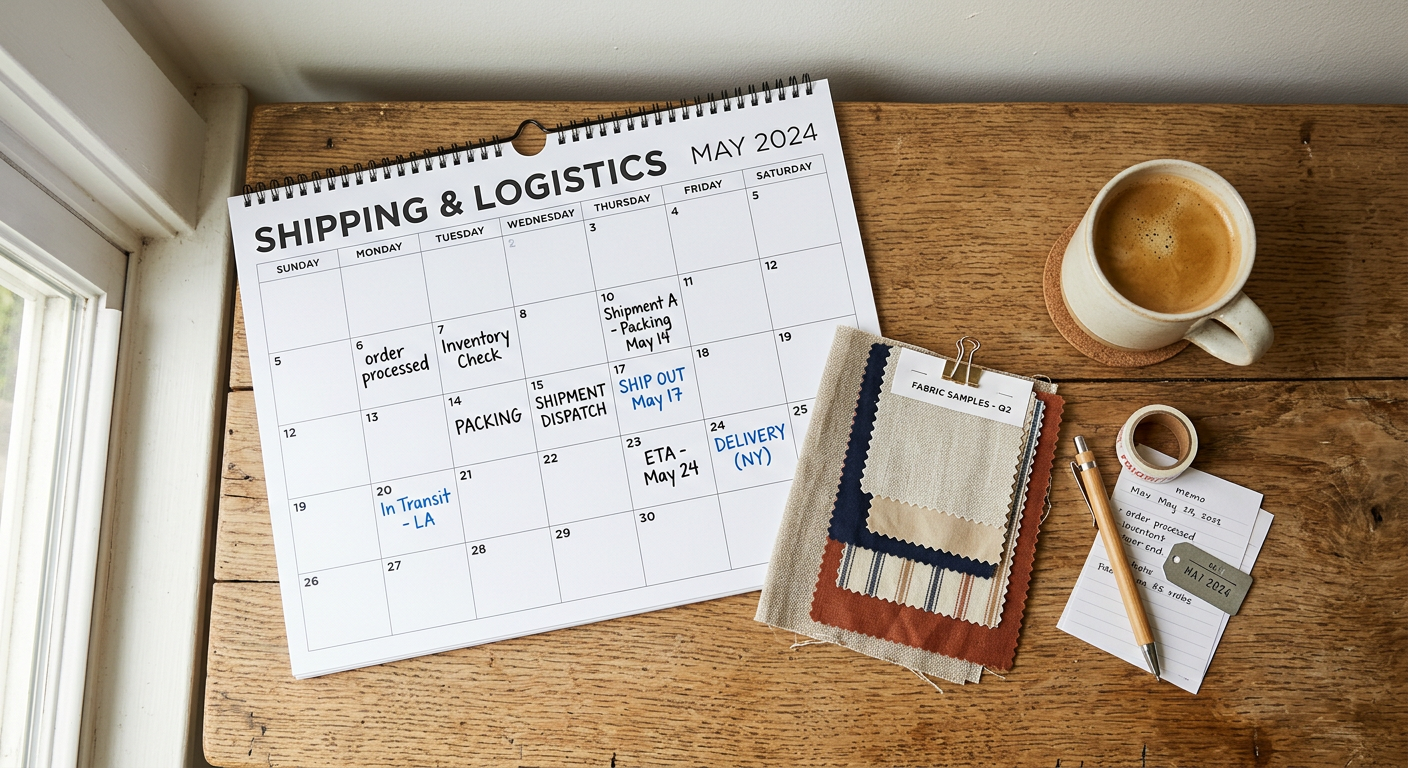 Calendar marked with fabric shipment milestones and swatches
