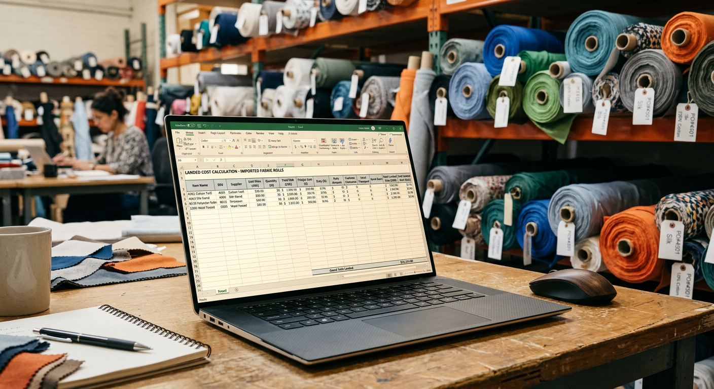 Landed cost spreadsheet on a laptop with fabric rolls in background