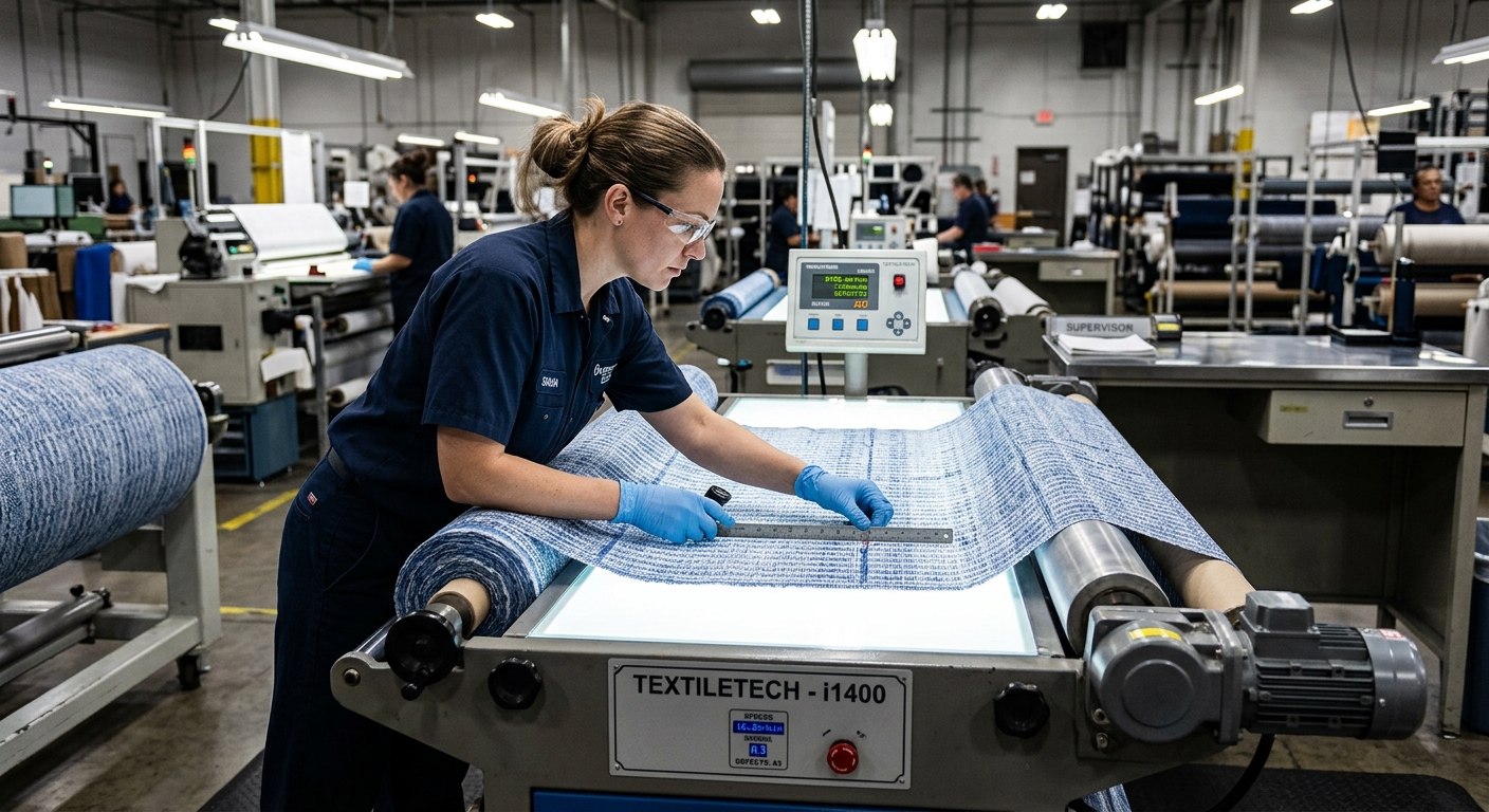 Fabric quality inspector examining a roll on a light inspection table