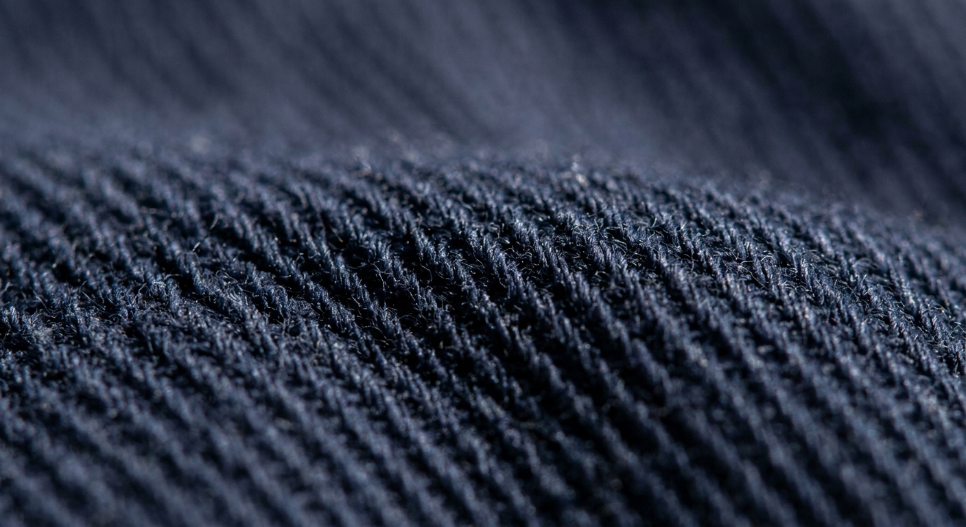 Macro close-up of navy cotton twill showing diagonal weave pattern