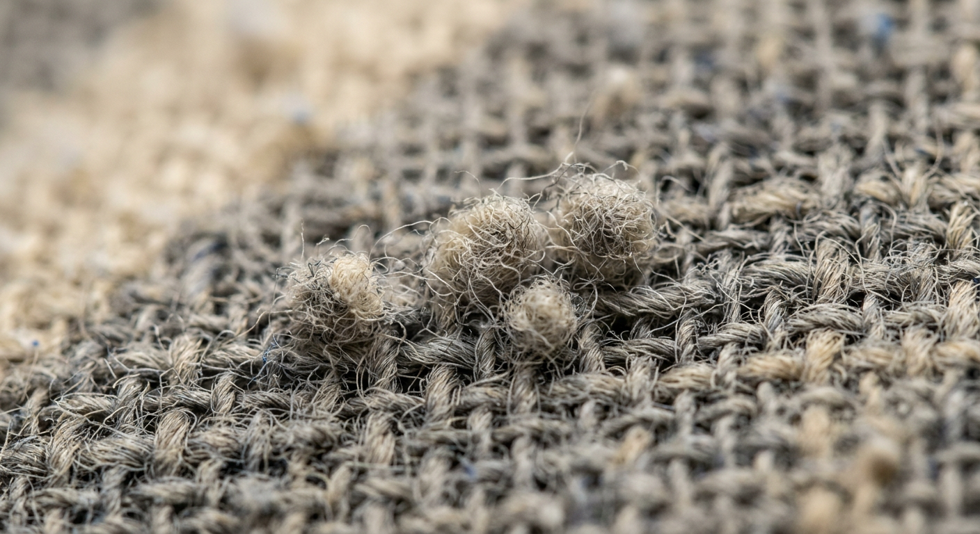 Macro view of fuzz balls forming between woven yarns on fabric surface