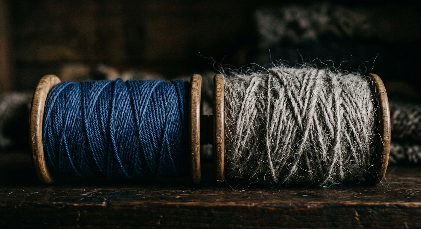 Tightly twisted yarn spool next to loosely spun yarn with visible fuzz
