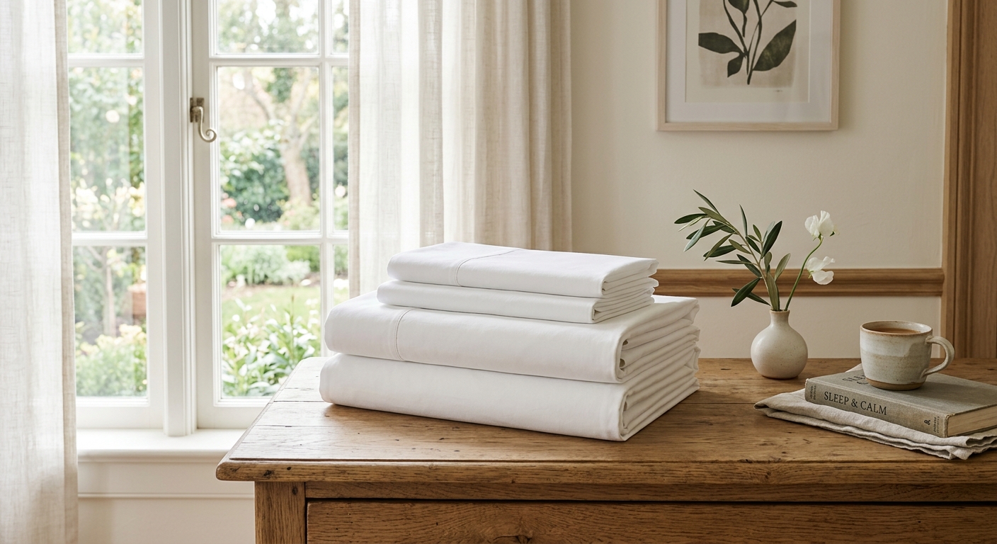 Folded white percale bedsheets in soft morning light