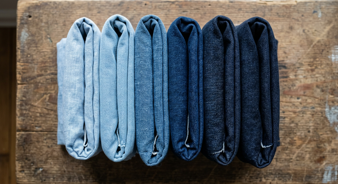Folded denim rolls in lightweight, midweight, and heavyweight stacked together