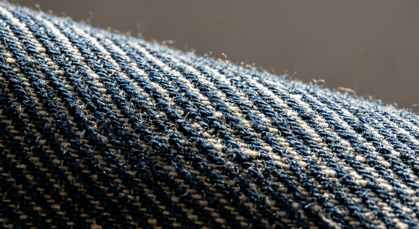 Macro view of denim twill weave showing diagonal warp lines