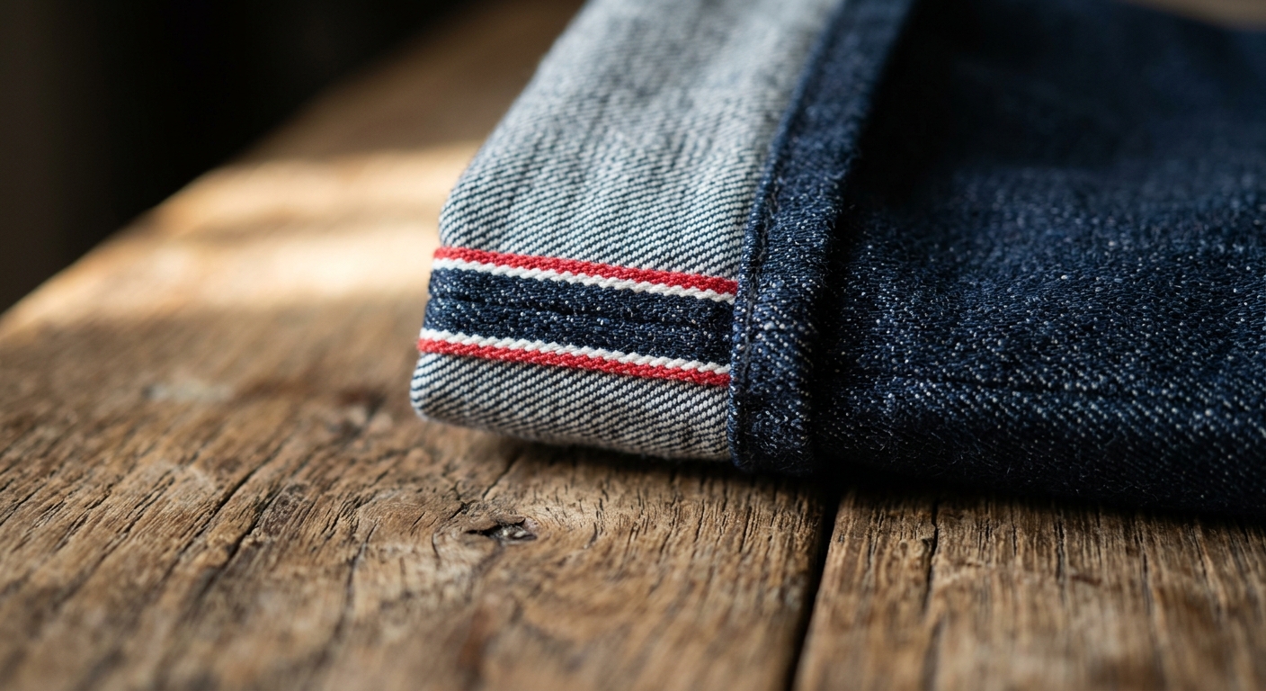 Selvedge denim edge with red selvedge line close-up