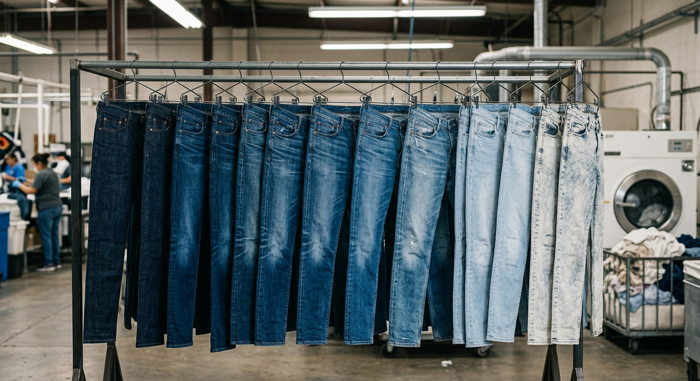 Range of denim wash treatments from raw to light stone wash