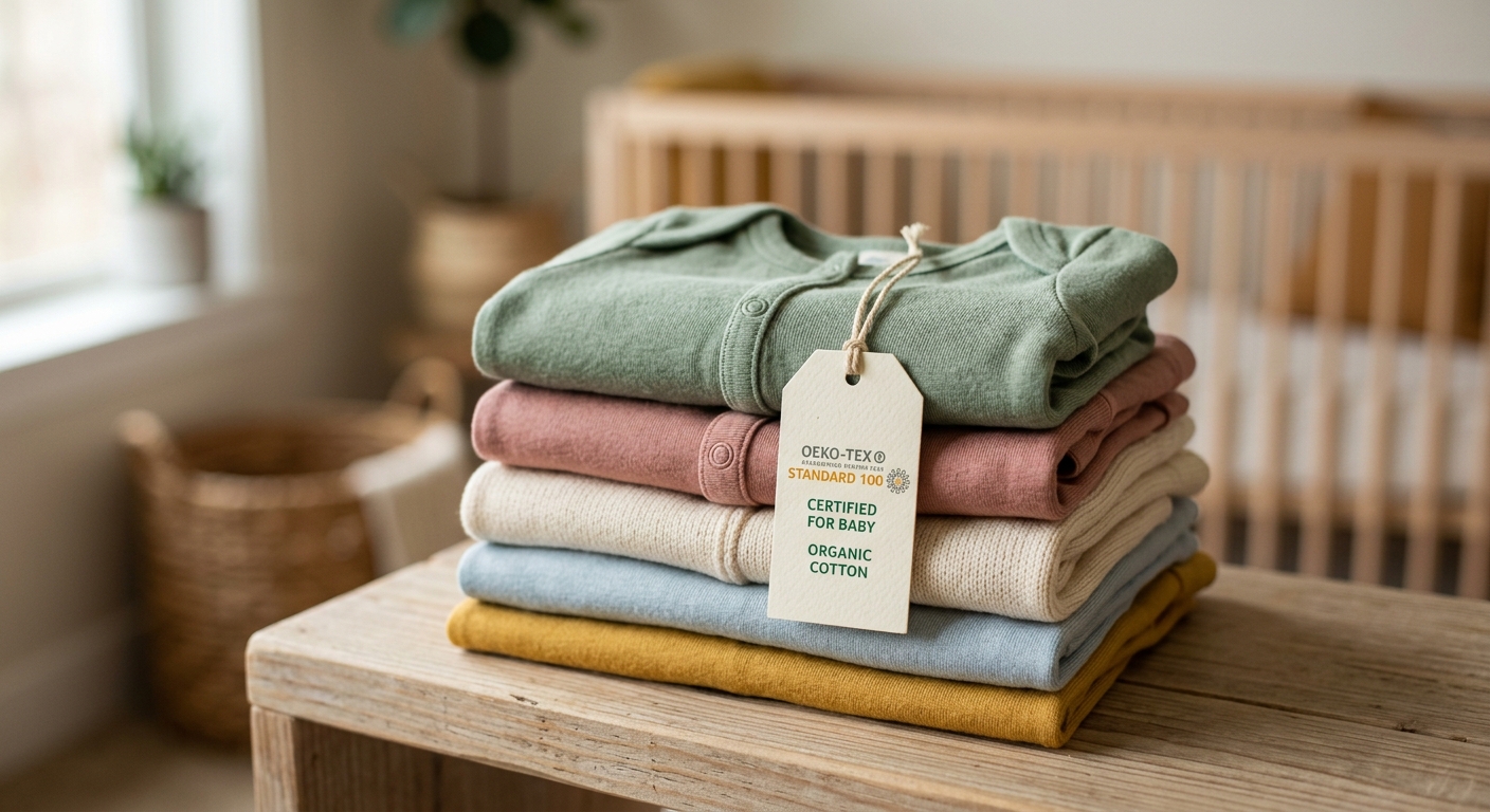 Stack of folded organic baby clothing with OEKO-TEX certification tag