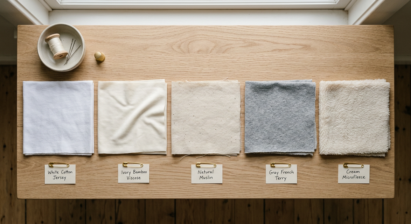 Five children's wear fabric swatches laid flat for comparison