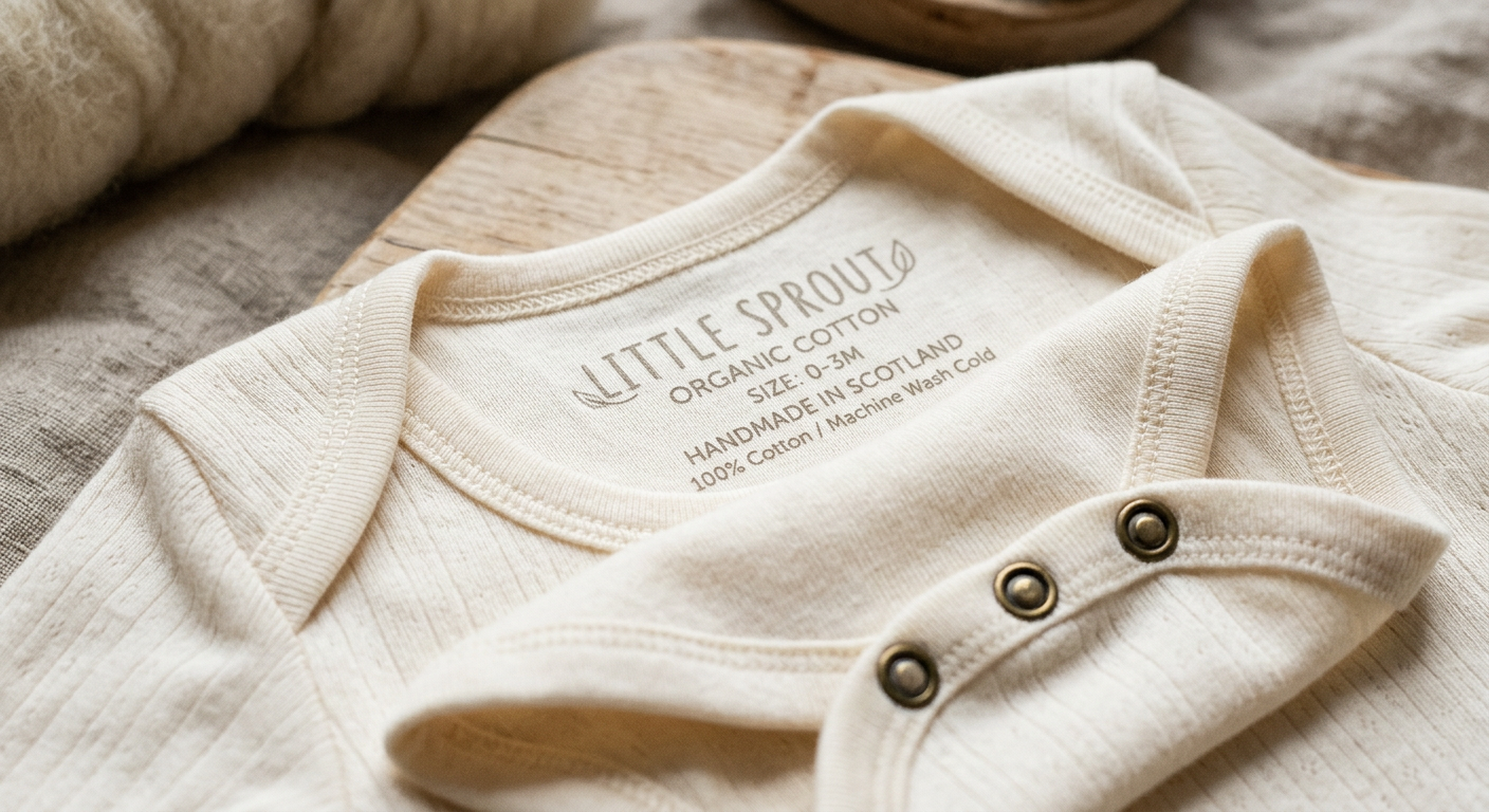 Interior of baby bodysuit showing flatlock seams and printed neck label