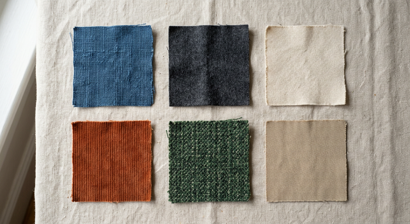 Grid of six contrasting fabric swatches showing different textures