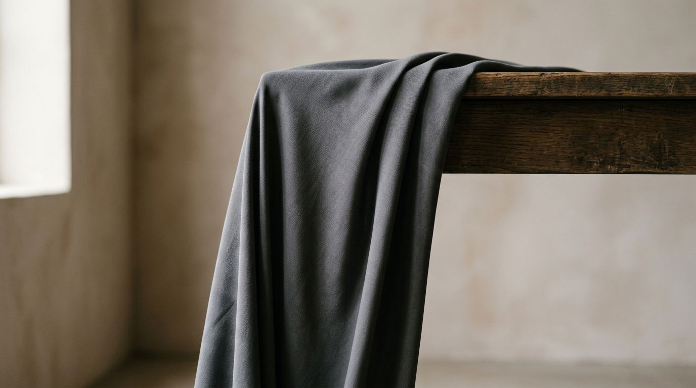 Fabric draping off a table edge in a 30-second drape test