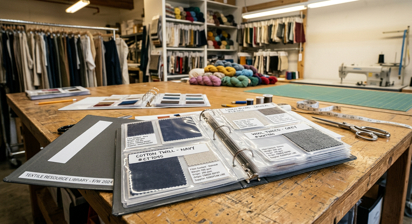 Organized fabric swatch reference library with labeled samples