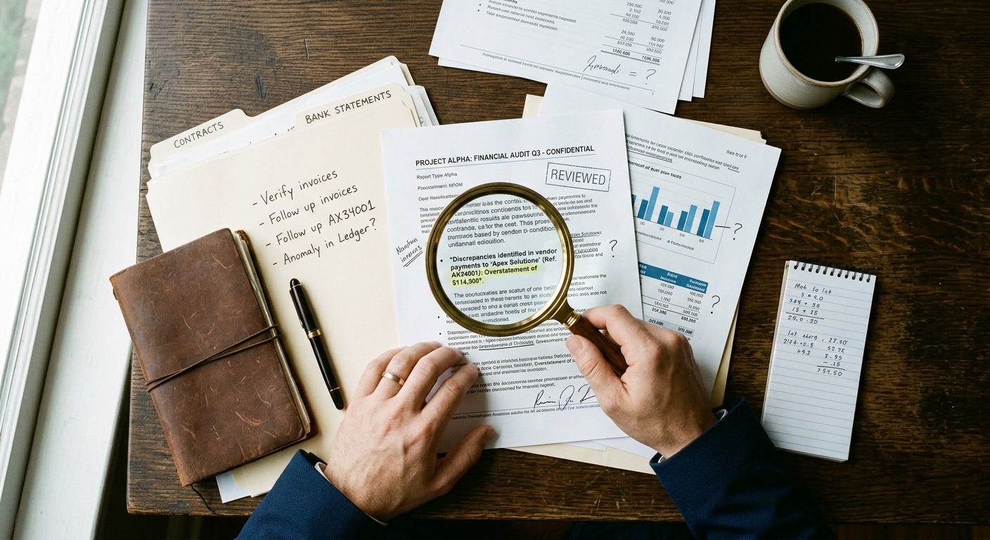 Close-up of business license documents being inspected with a magnifying glass
