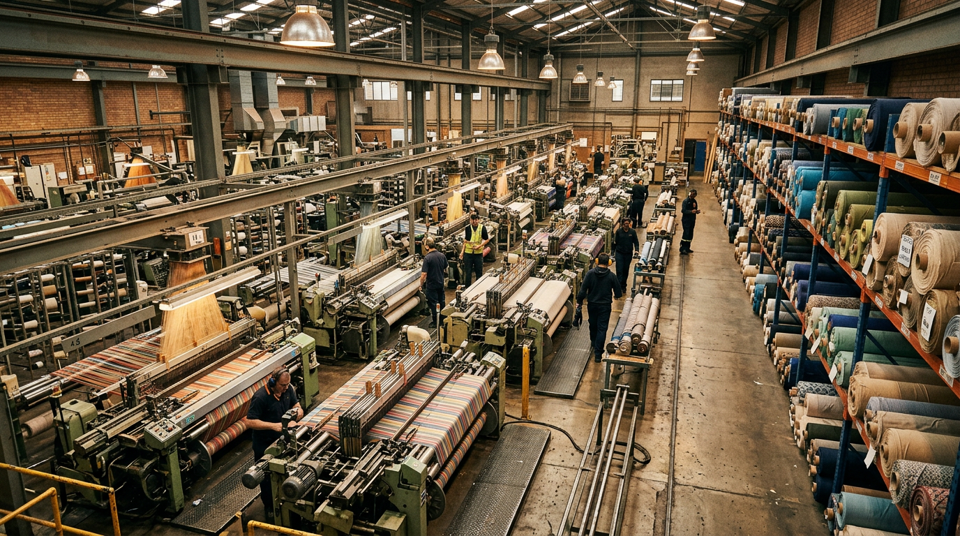 Industrial fabric mill with weaving machines and rolls of fabric on shelves