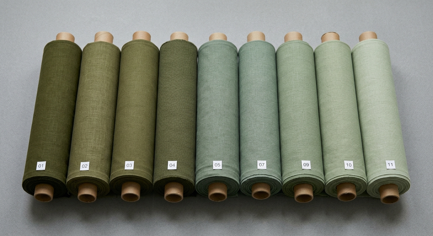 Fabric rolls showing subtle dye lot color variations arranged for comparison