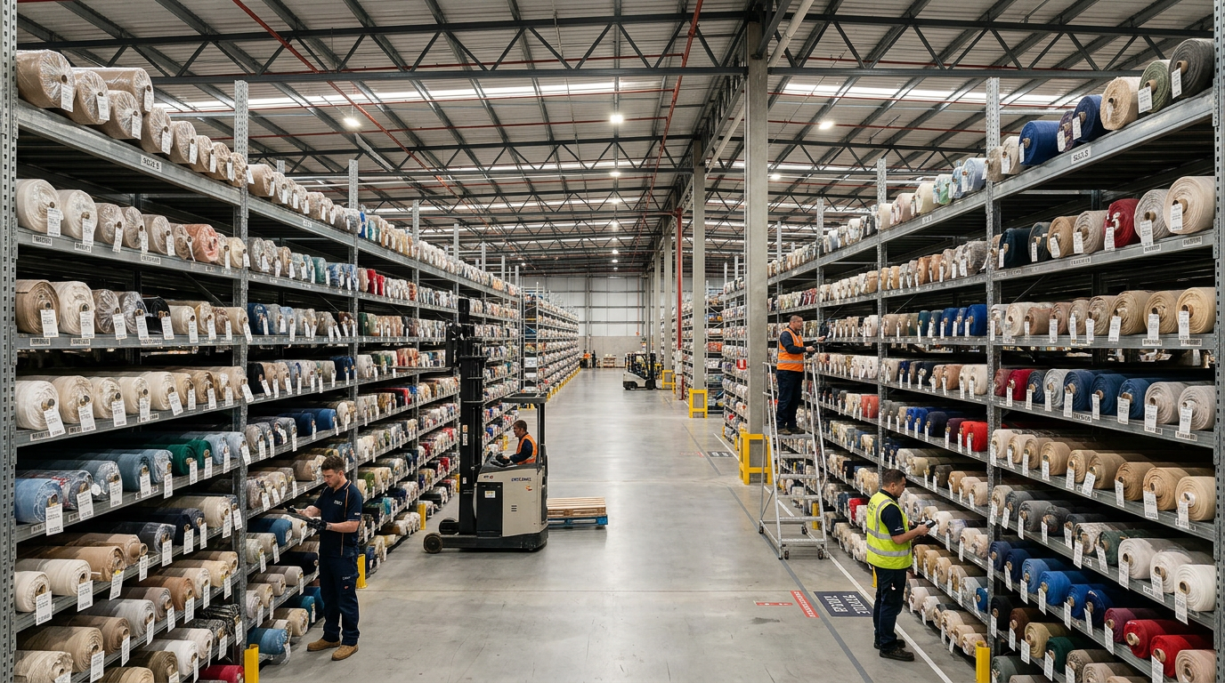 Organized fabric warehouse with horizontally racked rolls