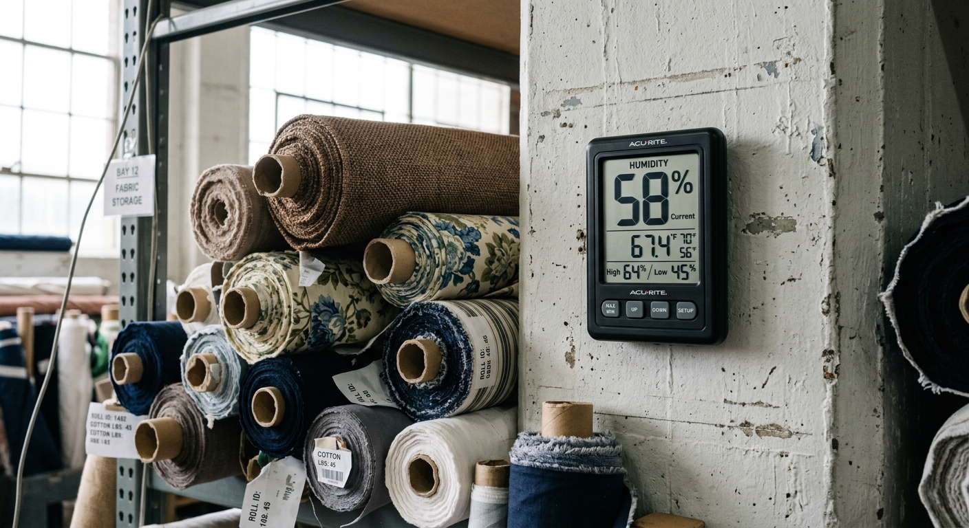 Digital hygrometer monitoring humidity near stored fabric rolls