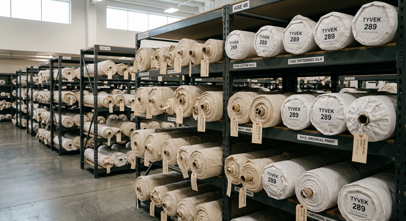 Fabric rolls wrapped in breathable muslin and Tyvek covers on shelving