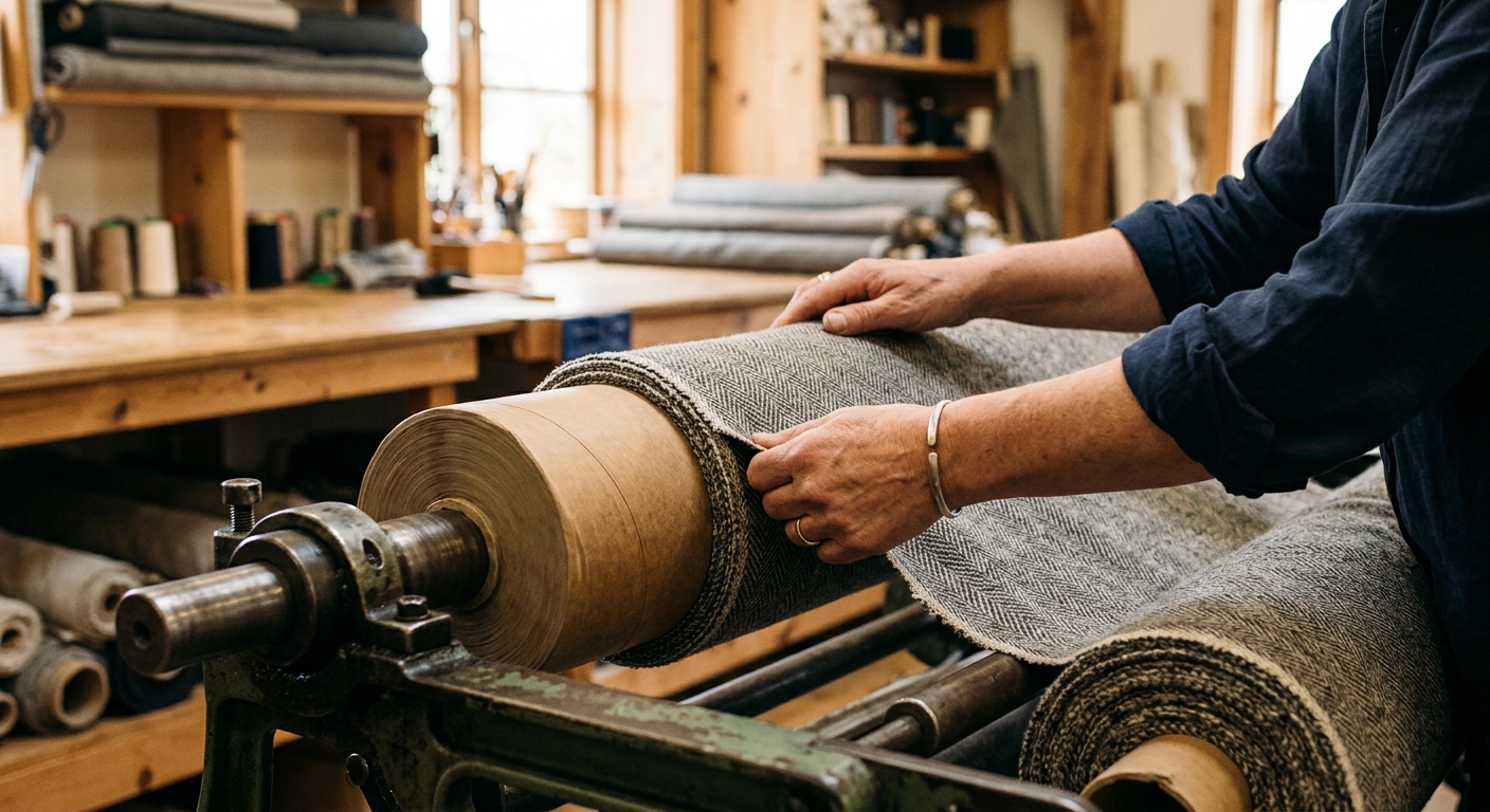 Fabric being carefully wound onto an acid-free core