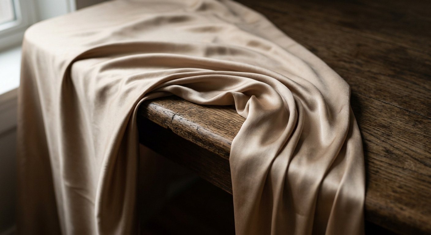 Fluid cupro lining fabric draped over a wooden surface