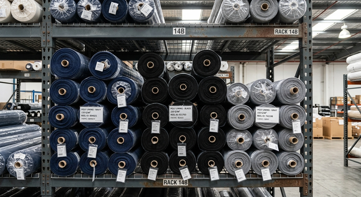 Bolts of polyester lining fabric stacked on warehouse shelving