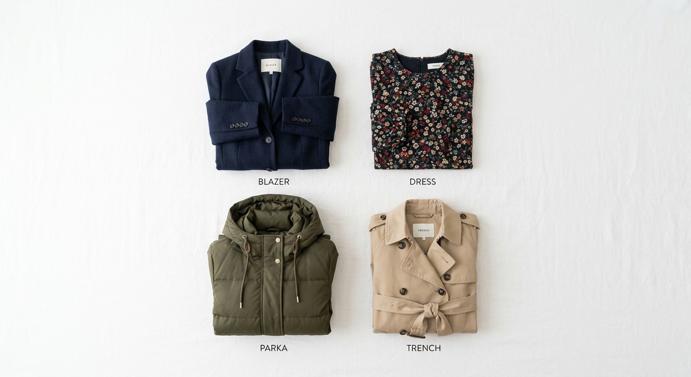 Flat lay of four garment types with appropriate linings