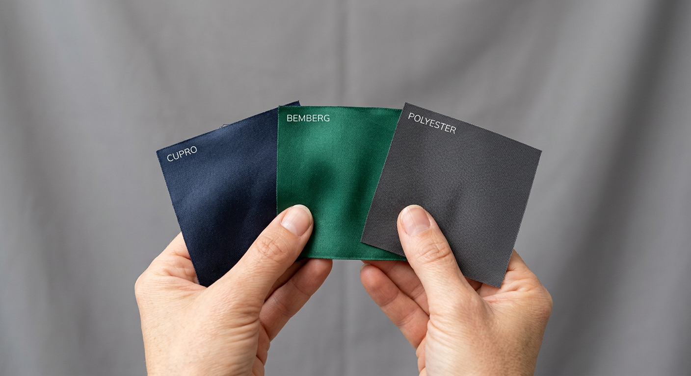 Hands examining three lining fabric swatches
