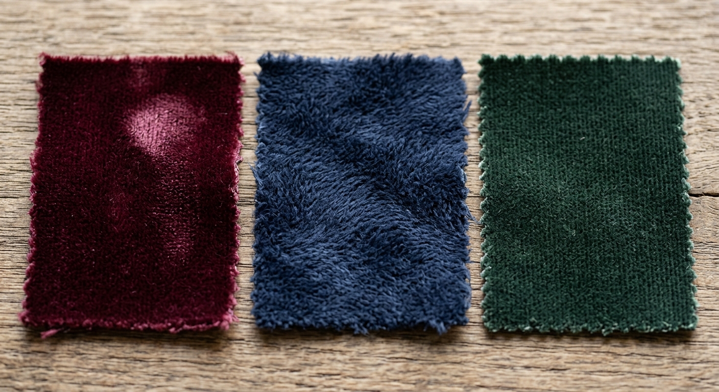 Macro close-up comparing velvet, velour, and velveteen pile structures