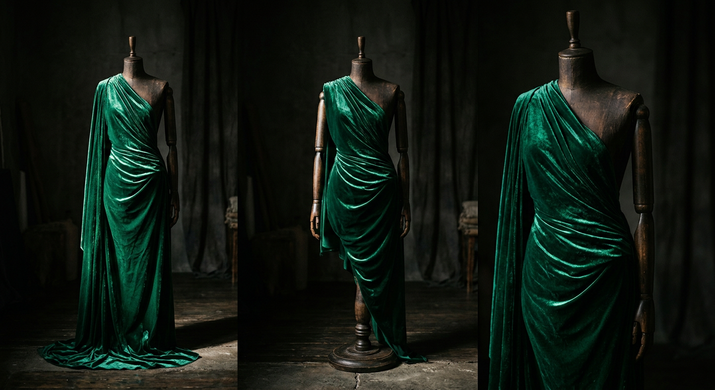 Emerald rayon velvet draped on a mannequin showing fluid drape