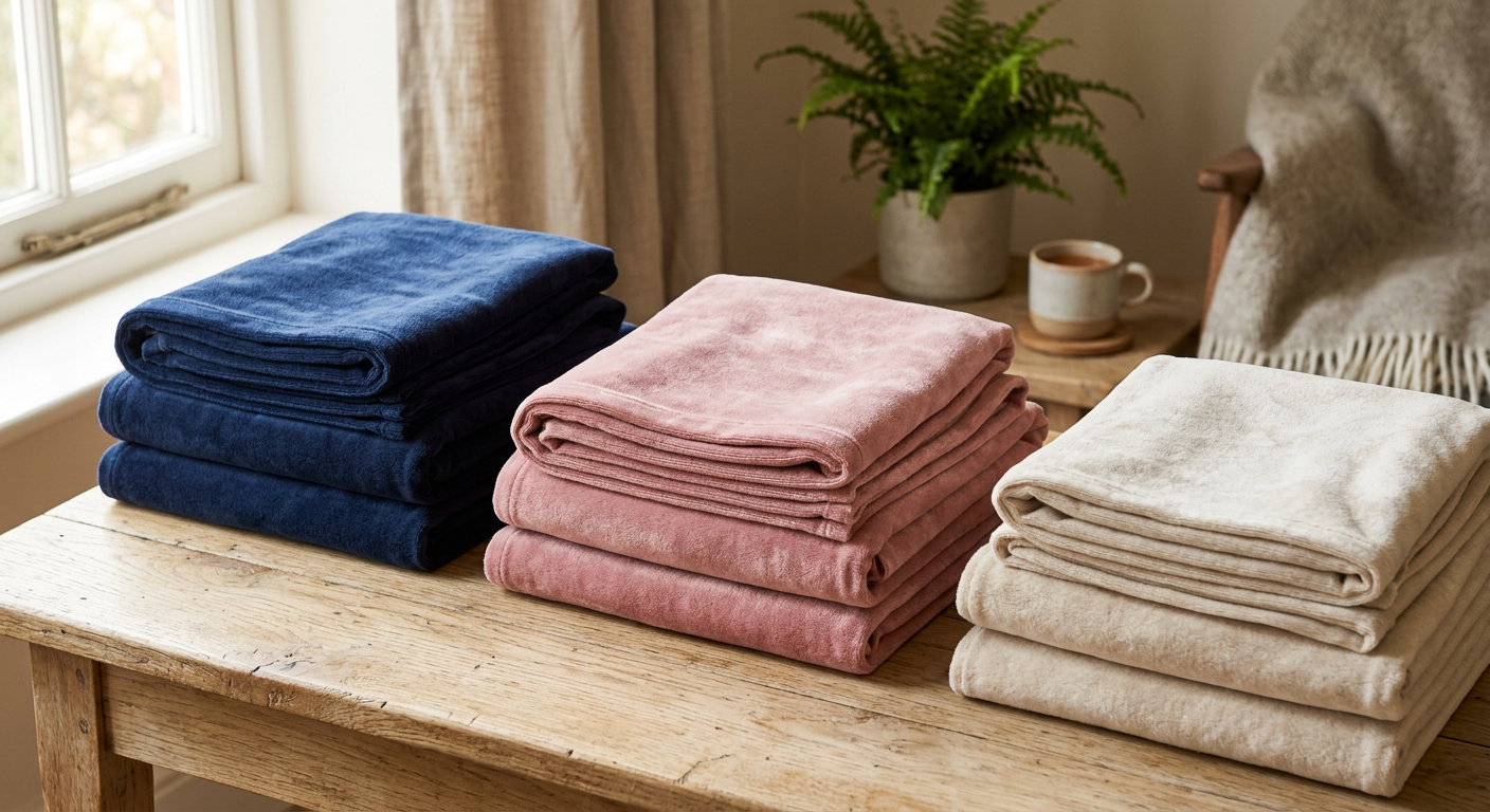 Folded stacks of plush cotton velour fabric in soft colors